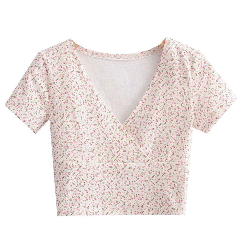 Retro Floral V-Neck Short-Sleeved T-shirt - Montfash