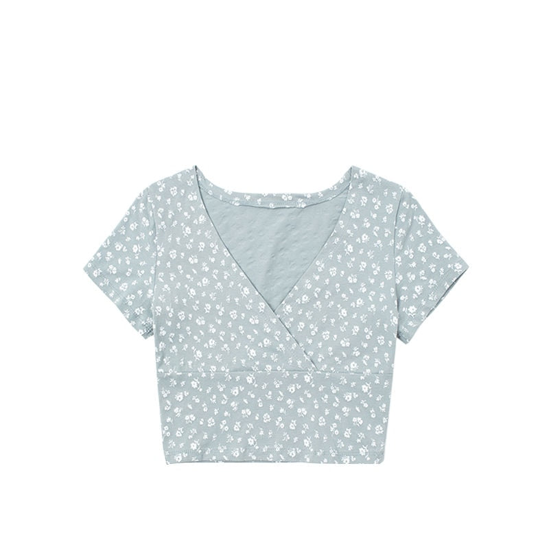 Retro Floral V-Neck Short-Sleeved T-shirt - Montfash